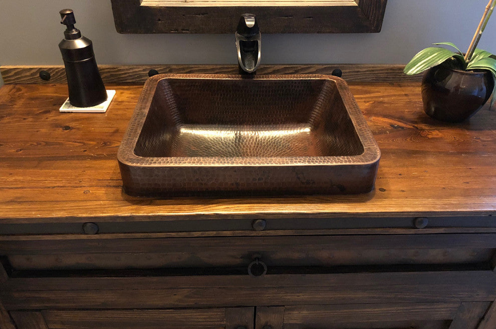 Premier Copper VREC17SKDB 17 Inch Rectangle Skirted Vessel Hammered Copper Sink