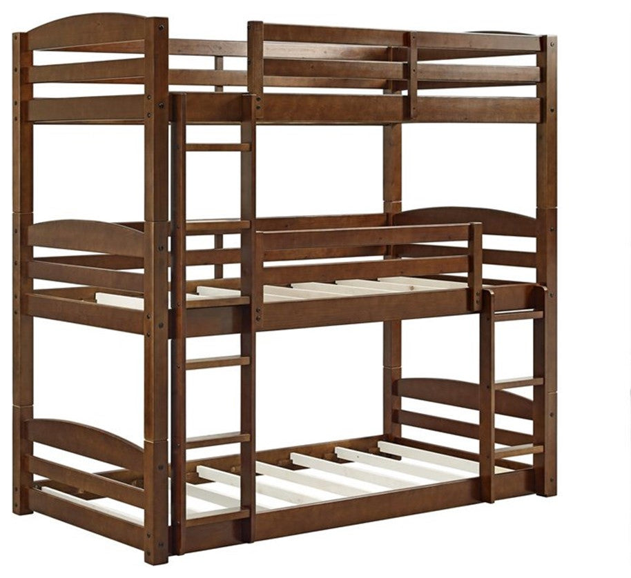 Pemberly Row Transitional Wood Twin over Twin Triple Bunk Bed in Mocha Brown