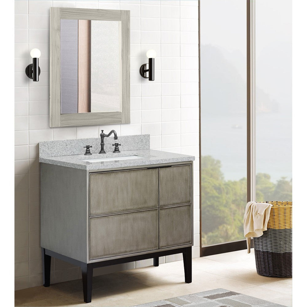 37" Single Vanity, Linen Brown Finish With Gray Granite Top And Rectangle Sink