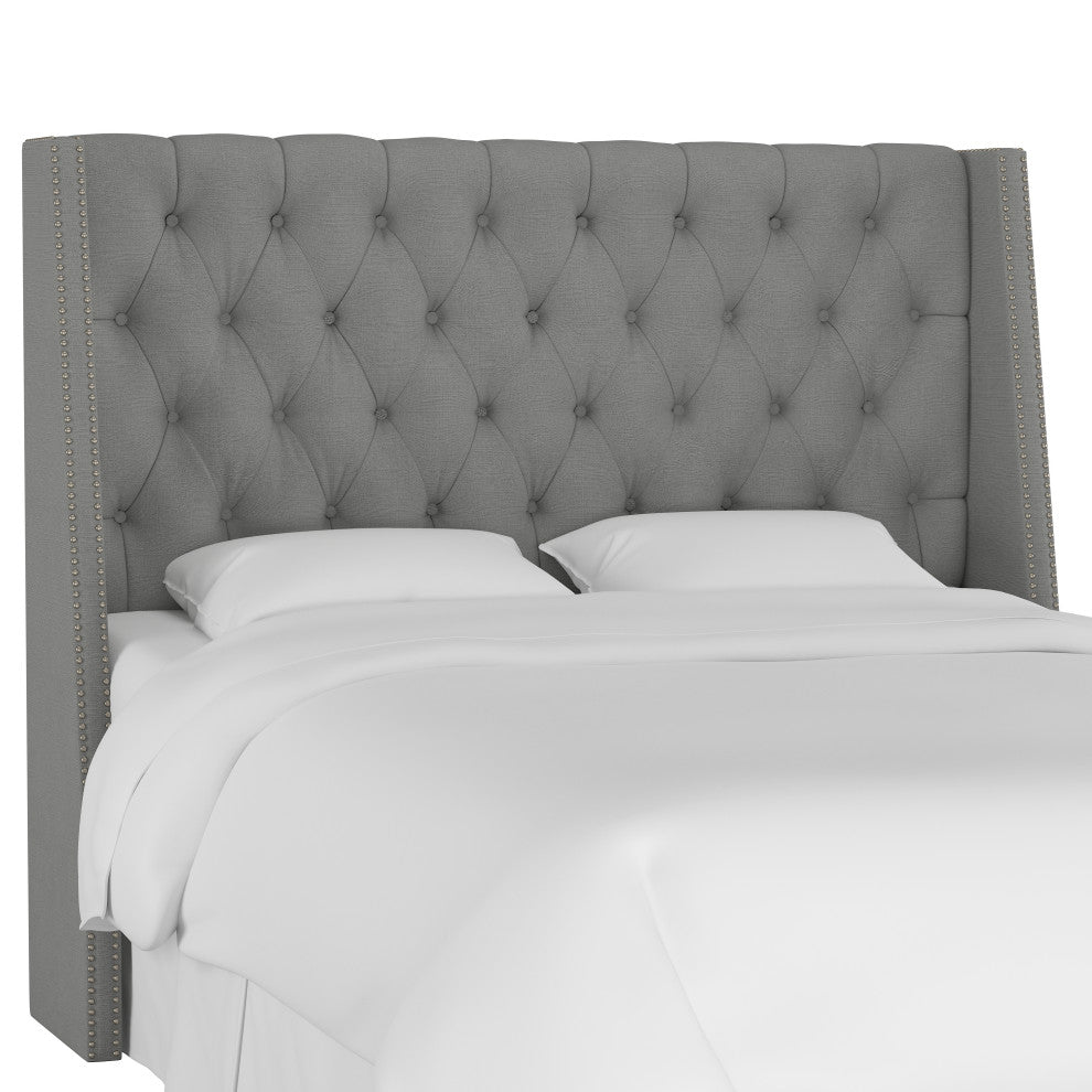 Williams King Nail Button Tufted Wingback Headboard, Linen Gray