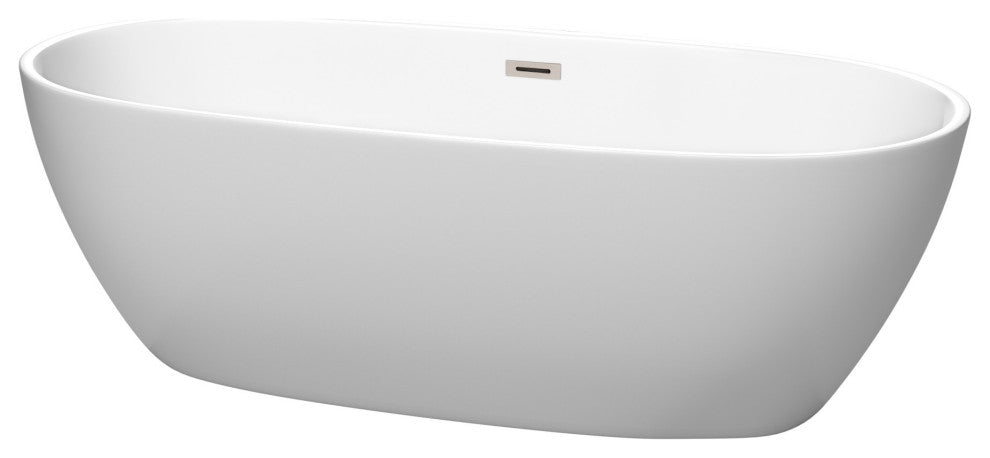 Juno 71" Freestanding Matte White Tub, Brushed Nickel Drain and Overflow Trim