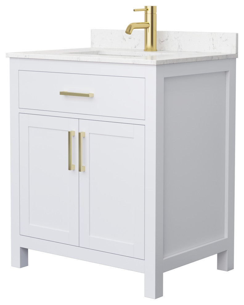 30" Single Bath Vanity White, Carrara Cult. Marble Countertop, Sink, Gold Trim
