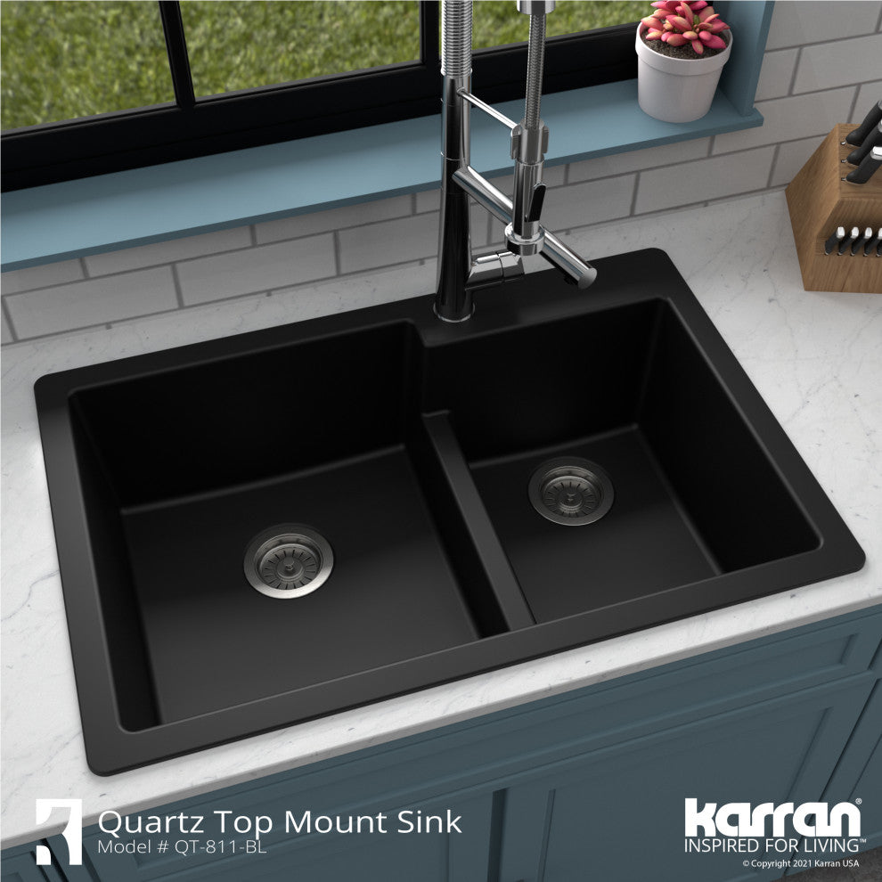 Karran 33" Top Mount Double Bowl 60/40 Quartz Kitchen Sink Kit, Black