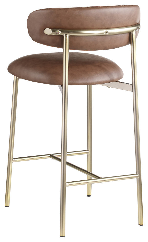 Lupita Upholstered Counter Stool, Brown, Vegan Leather, Brushed Gold, Set of 2