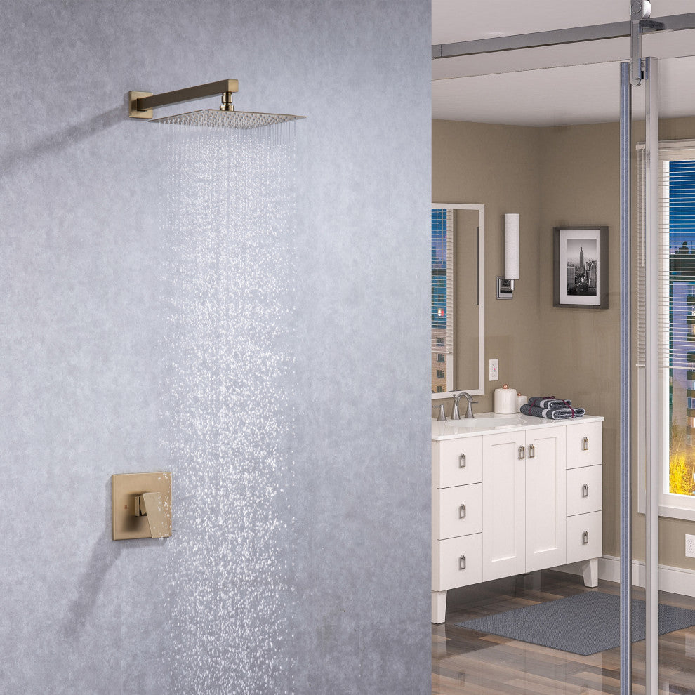 CASAINC 10" Wall Mounted Square Single Shower Head System Set, Brushed Gold