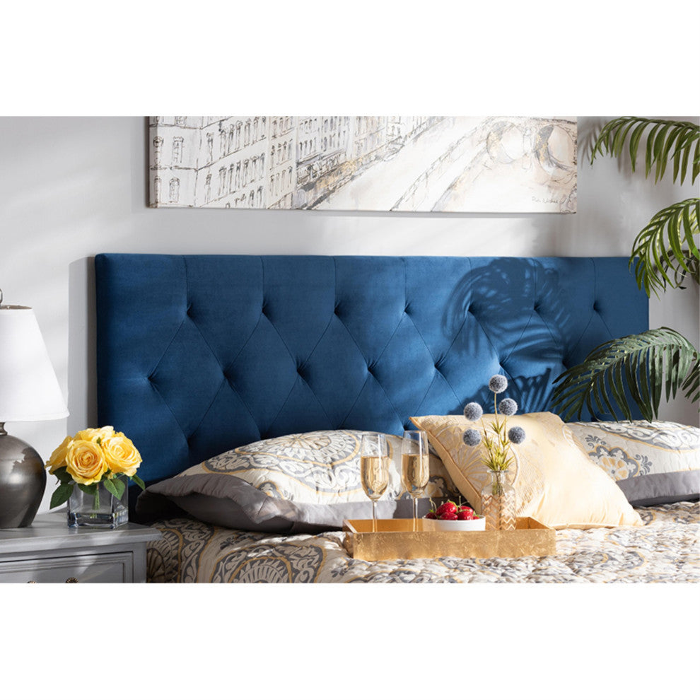 Felix Navy Blue Velvet Fabric Upholstered King Size Headboard