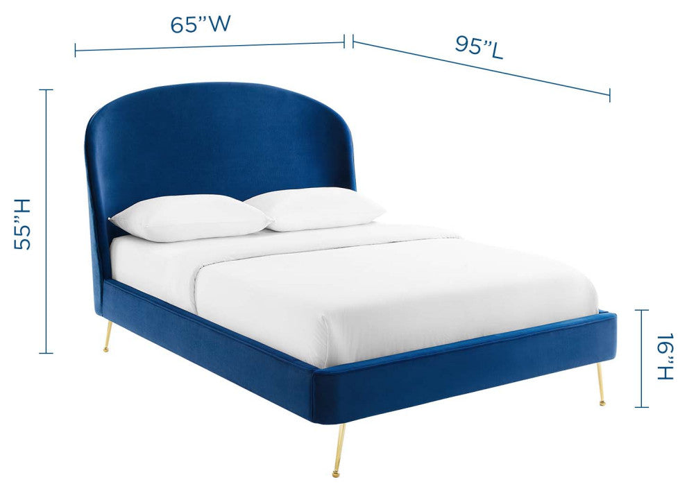 Platform Bed Frame, Queen Size, Velvet, Blue Navy, Modern Contemporary, Bedroom