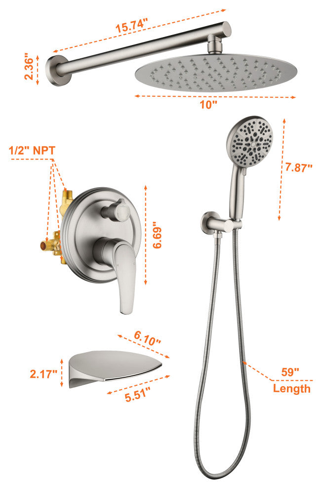 Waterfall Tub Spout Shower System, Handheld Shower Head, Brushed Nickel