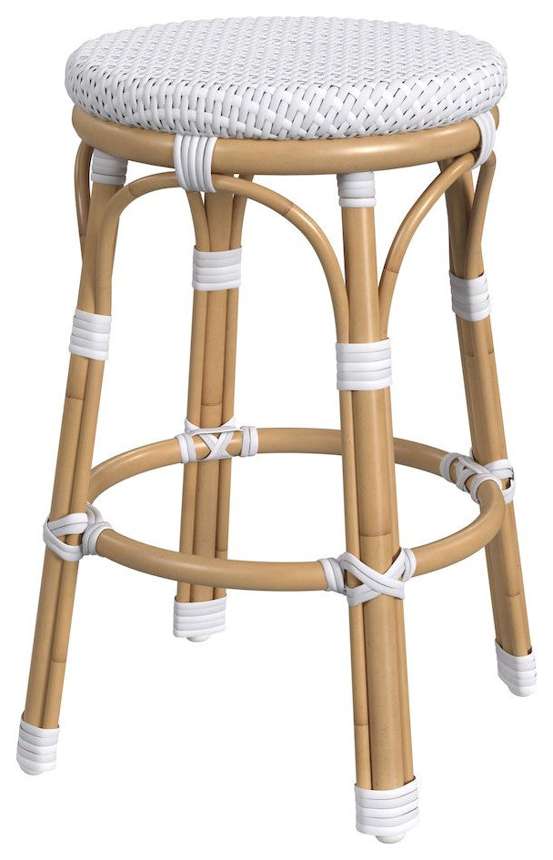 Tobias 24 in. Seat Height Outdoor Rattan and Metal Backless Counter Stool, White