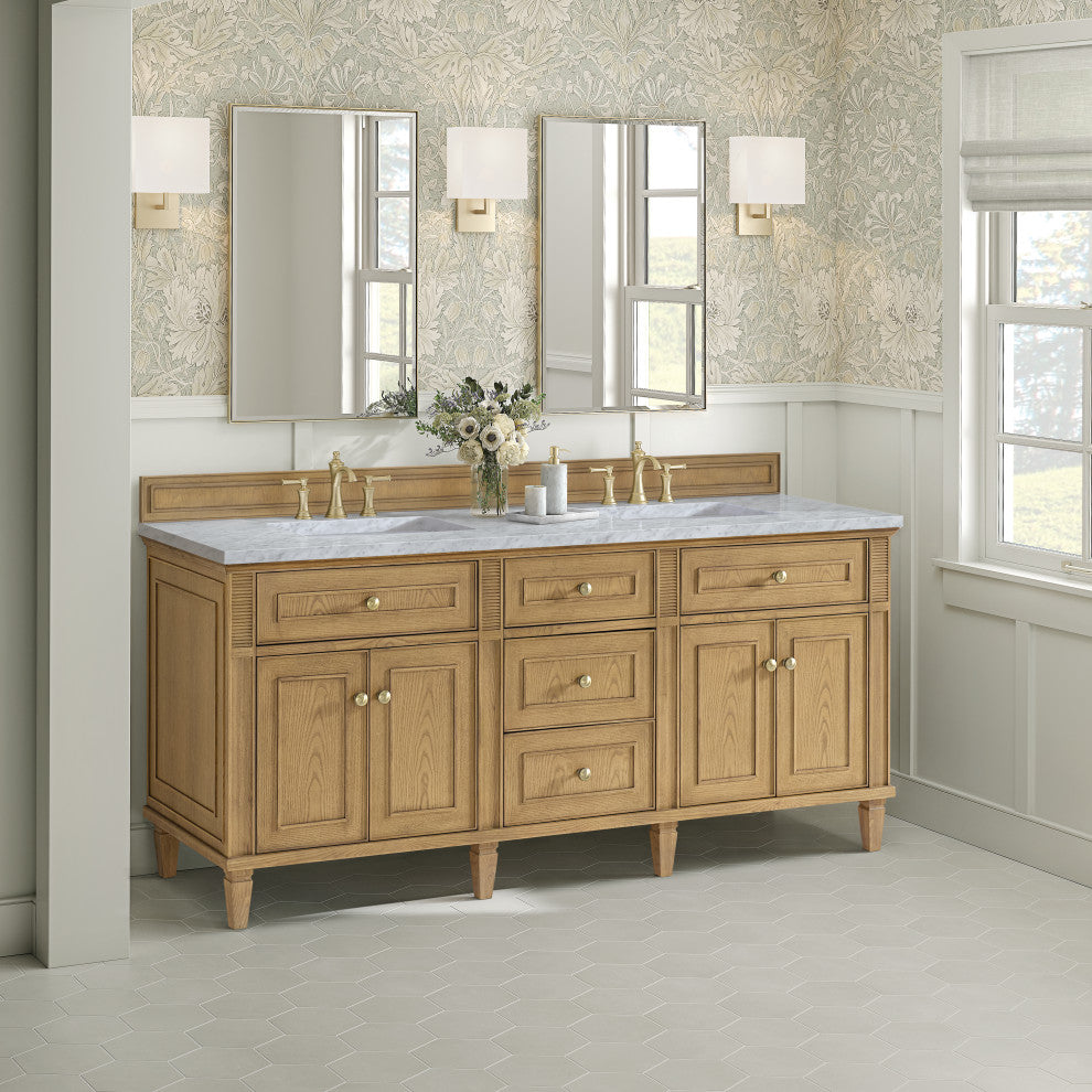 Lorelai 72" Double Vanity, Light Natural Oak, 3 CM Carrara White Marble Top