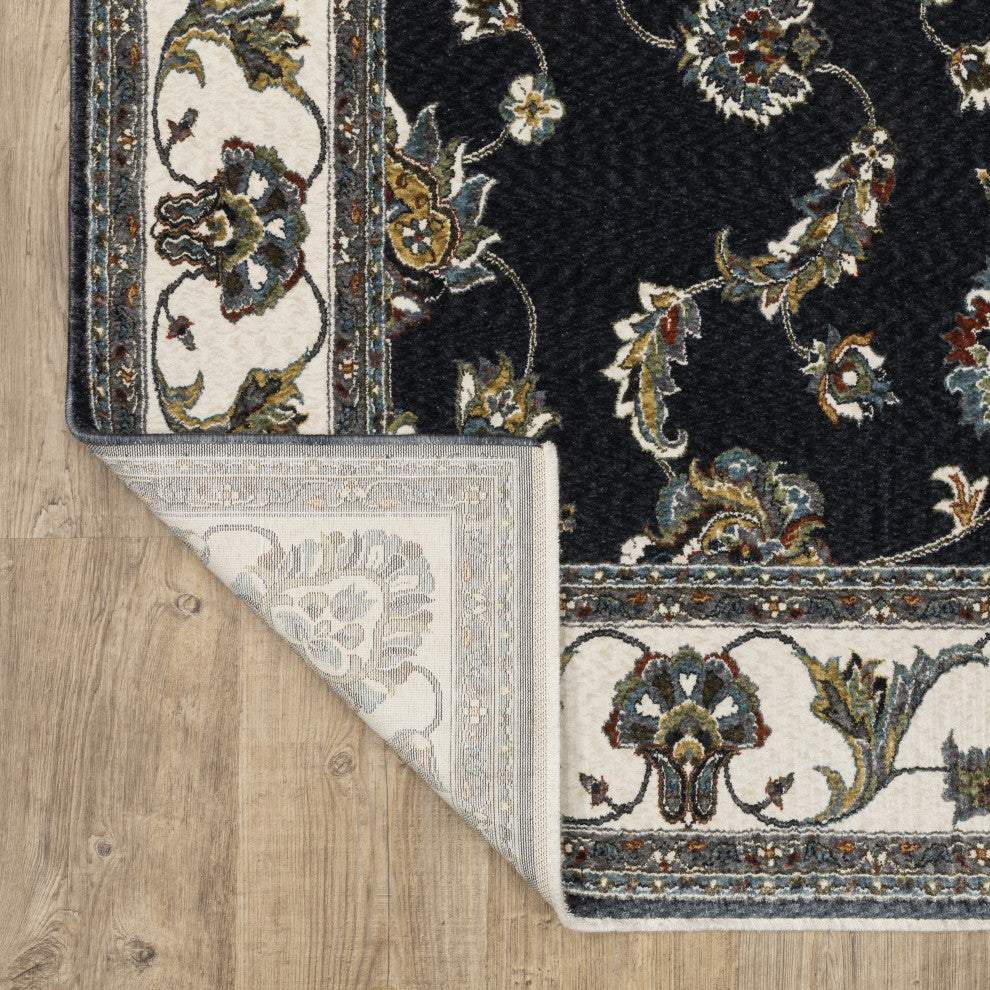 Vaughan Bordered Traditional Navy/ Ivory Fringe Edge Rug 7'10" x 10'10"