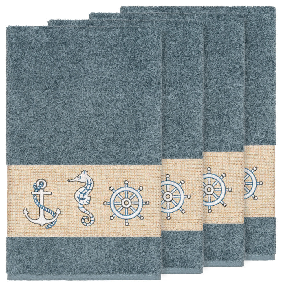 Linum Home Textiles Easton Embellished, Teal, Bath Towel, 4-Piece Set
