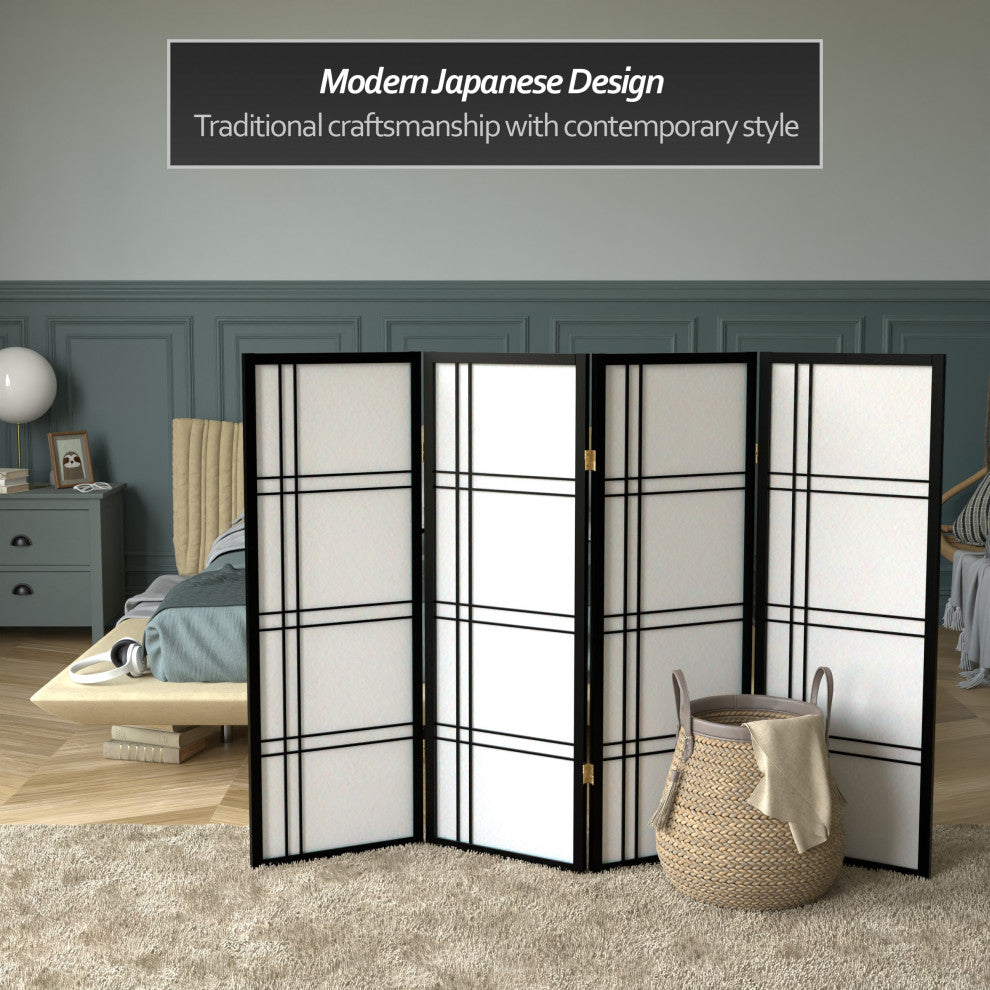 4' Tall Double Cross Shoji Screen, Black, 4 Panels