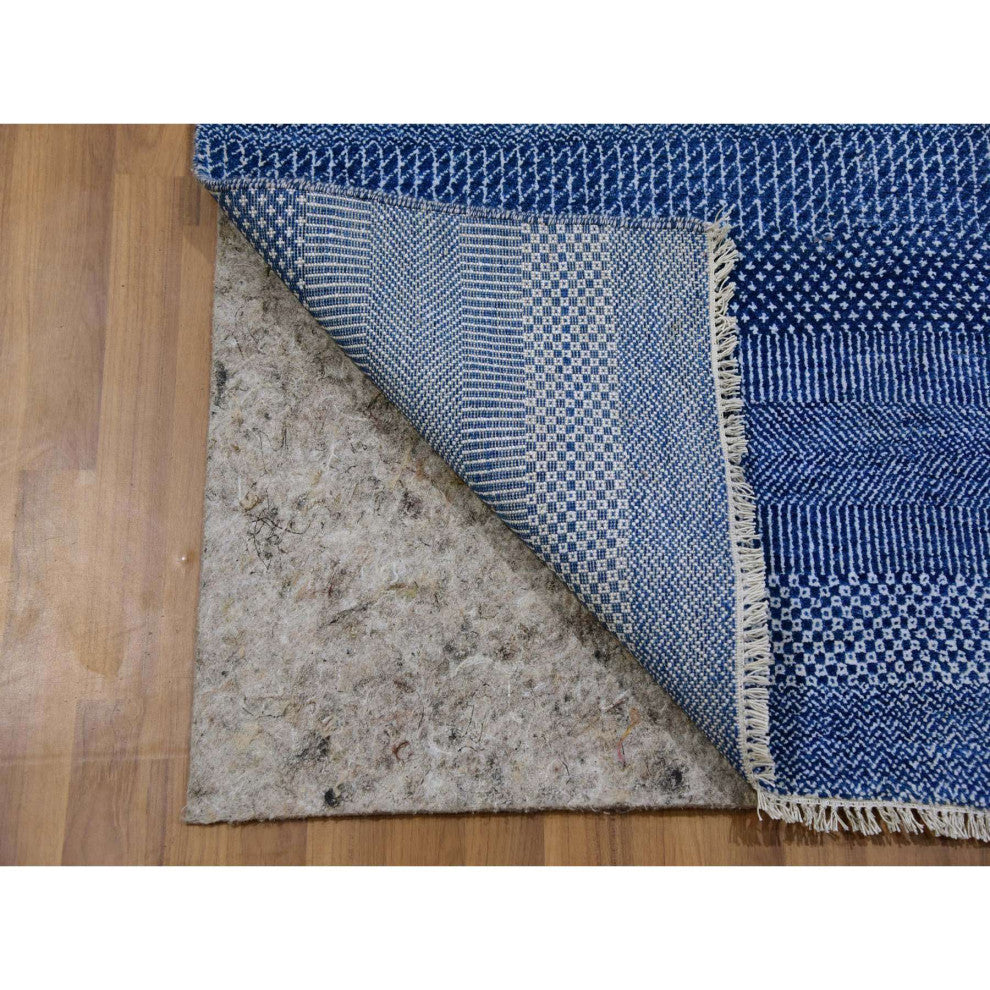Penn Blue Modern Grass Dyed Wool and Silk Hand Knotted Runner Rug, 2'7"x11'11"