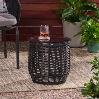 Boynton Wicker Side Table With Tempered Glass Top, Black