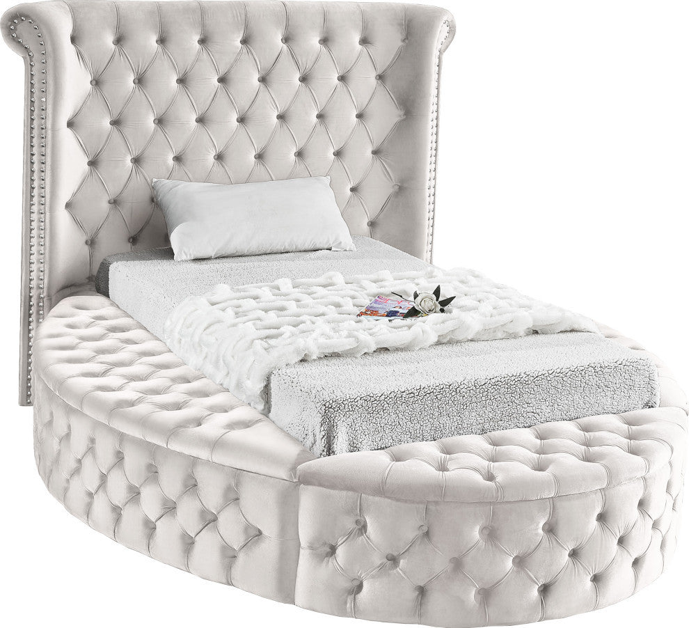 Luxus Button Tufted Velvet Round Bed, Cream, Twin