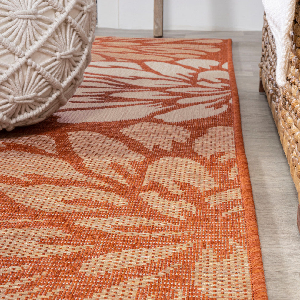 Zinnia Modern Floral Textured Weave Indoor/Outdoor, Orange/Cream, 2x10