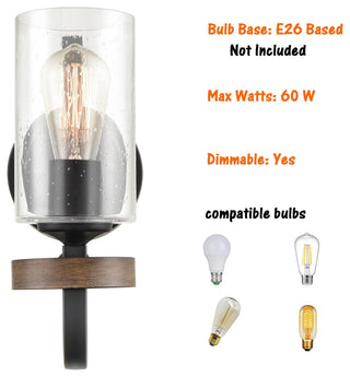 Industrial Wall Sconce Seeded Glass Shade with Wood Grain Finish