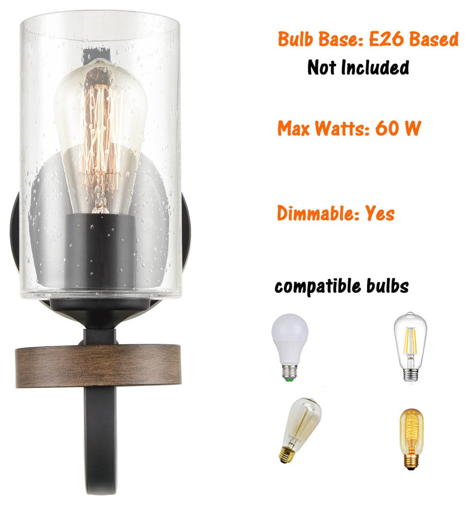 Industrial Wall Sconce Seeded Glass Shade with Wood Grain Finish