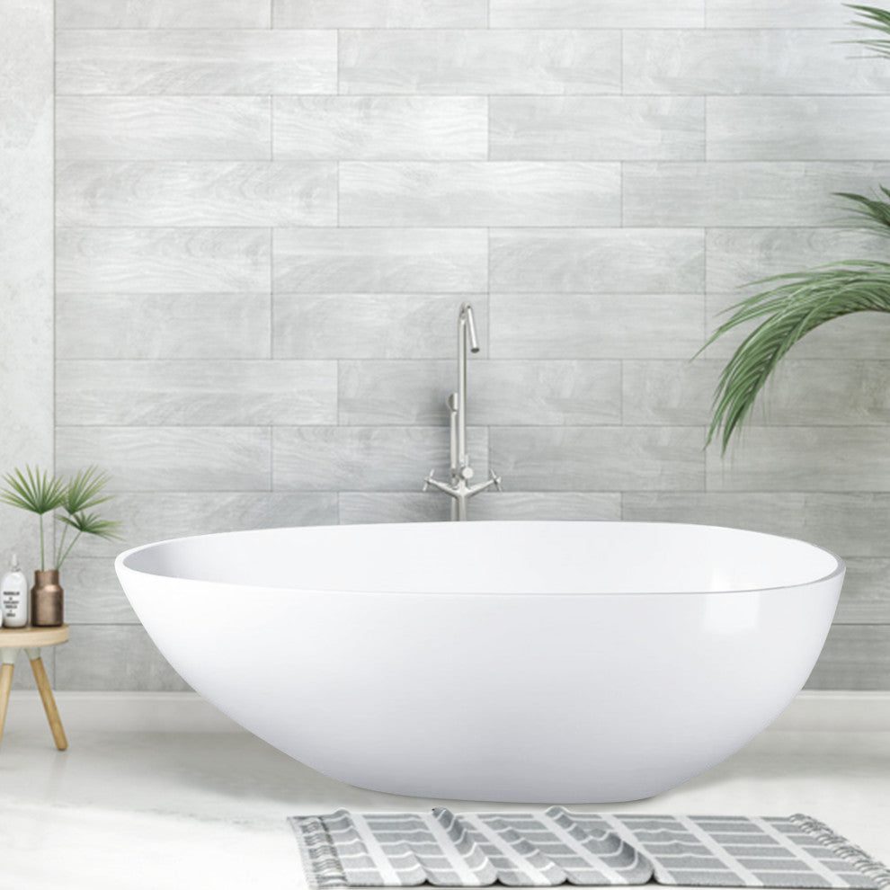 Vanity Art Solid Surface Resin Stone Freestanding Bathtub, Glossy White, 59 in. X 30 in.