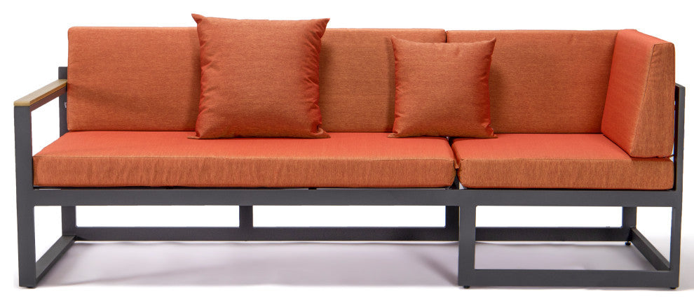 LeisureMod Chelsea Modern Black 3 Piece Outdoor Aluminum Sectional Set for Patio, Orange