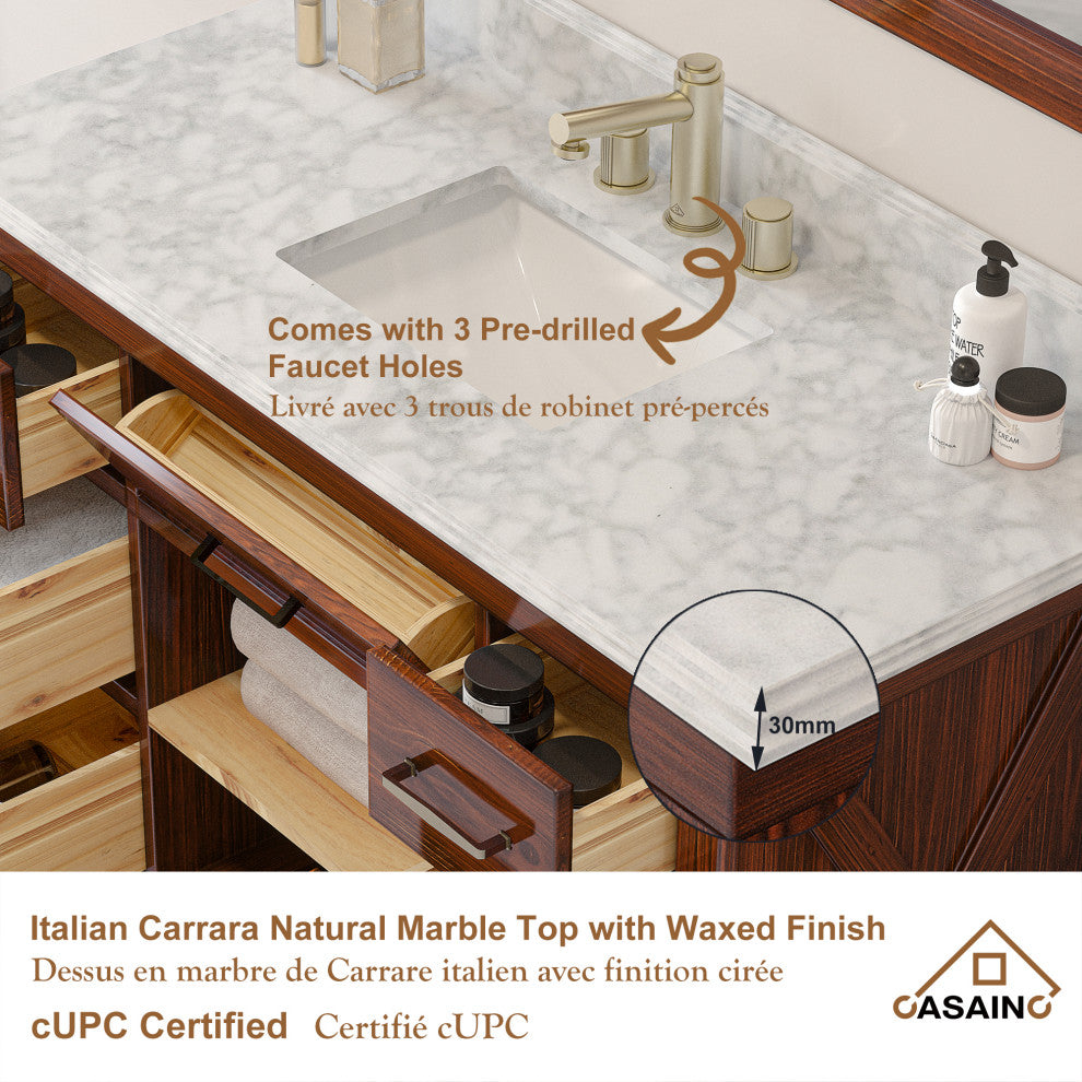 Freestanding Bath Vanity in Brown with White Carrara Marble Top, 48in
