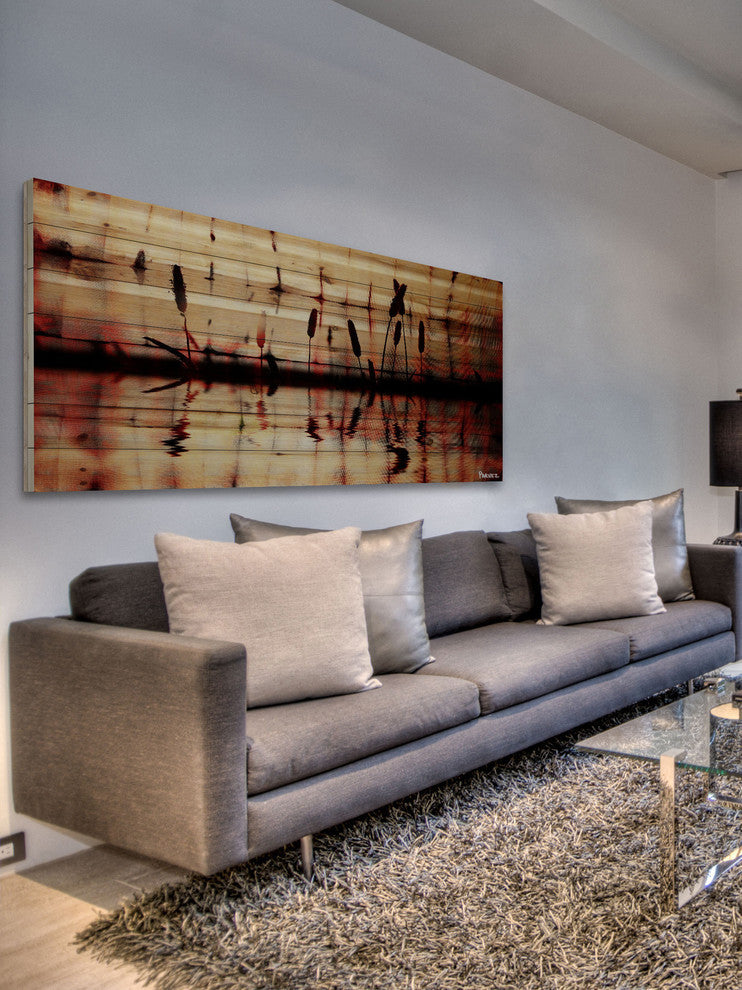 "Panoramic Reflection" Painting Print on Natural Pine Wood, 60"x20"