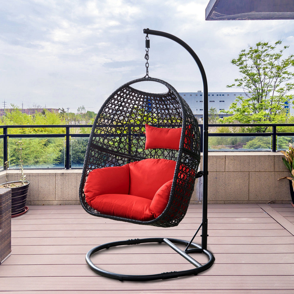 Outdoor Rattan Swing Chair Hanging Egg Chair With Cushion, Red