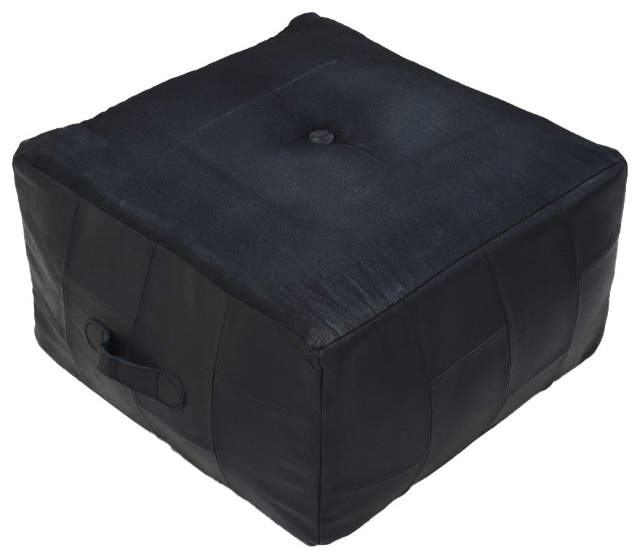 Geometric Handmade Leather Pouf (Recycled Foam with Fibre Fill) Black, (Square)21x21x12