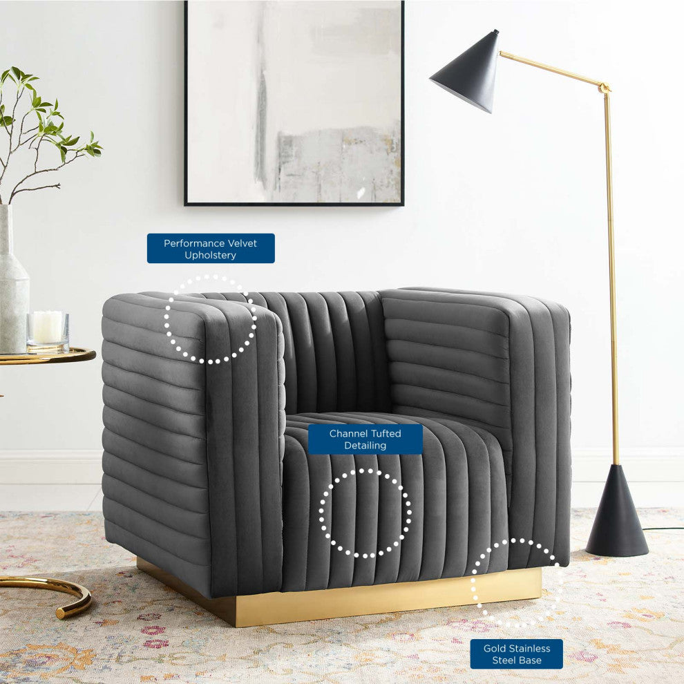 Tufted Armchair Accent Chair, Velvet, Dark Gray, Modern, Lounge Hospitality