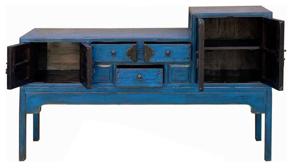 Vintage Chinese Distressed Bright Blue Drawers Foyer Narrow Side Table Hcs7743