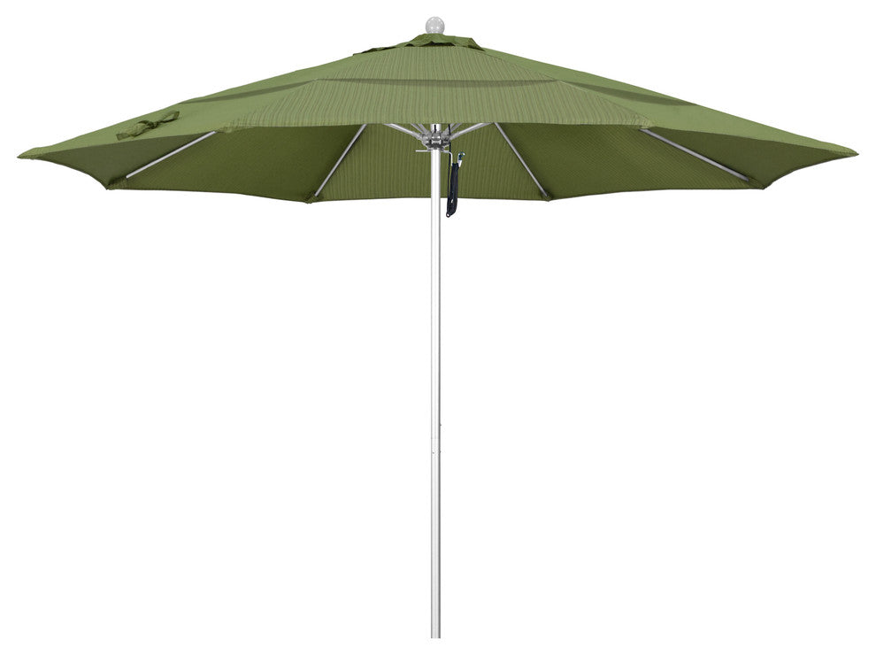 11' Silver Anodized Pulley Lift Fiberglass Rib Aluminum Umbrella, Olefin, Terrace Fern