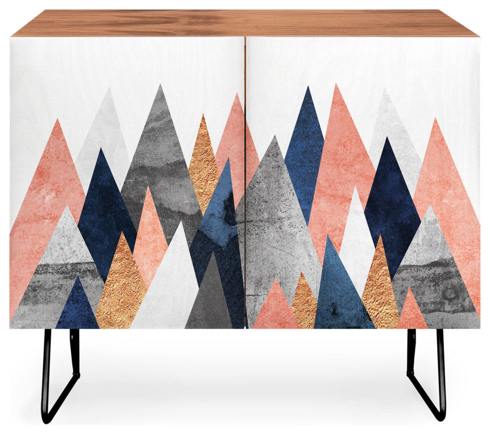 Deny Designs Pink and Navy Peaks Credenza, Walnut, Black Steel legs