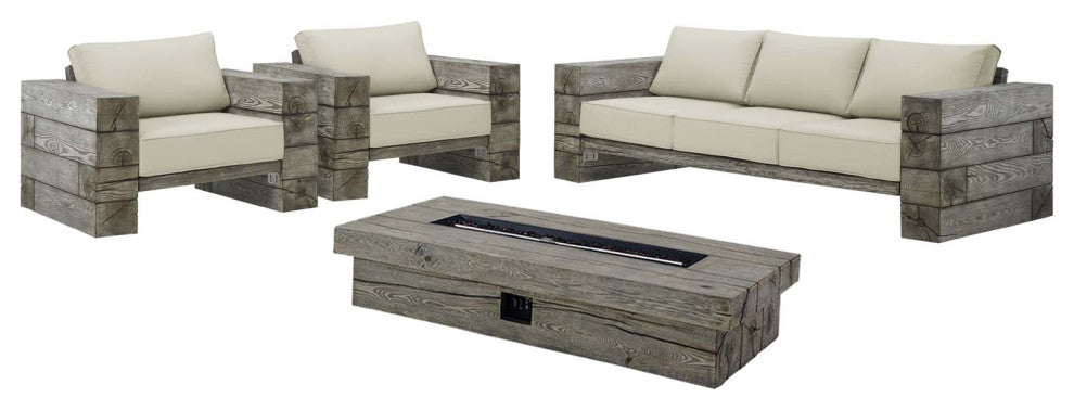 Manteo Rustic Coastal Outdoor Patio Sunbrella 4 Piece Set - Light Gray Beige