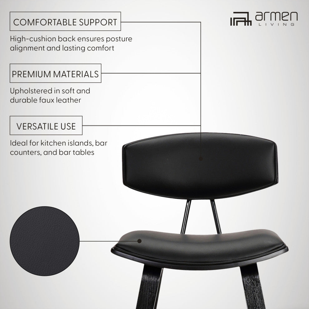 Fox 26" Mid-Century Counter Height Barstool in Black Faux Leather