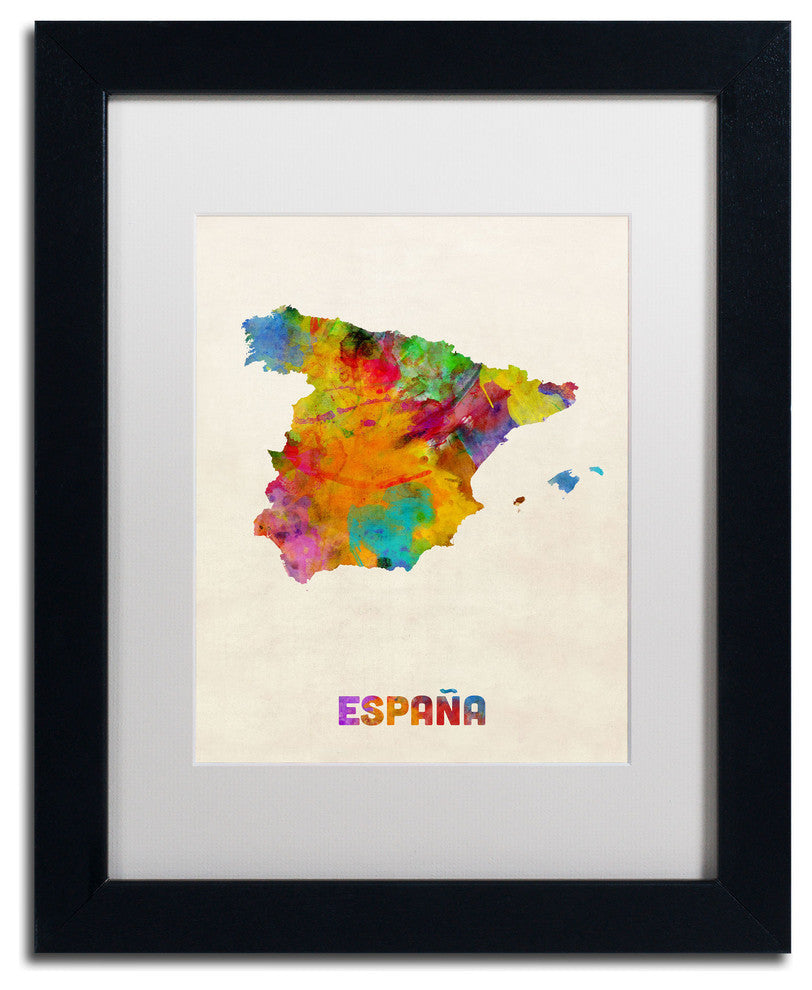 'Spain Watercolor Map' Matted Framed Canvas Art by Michael Tompsett