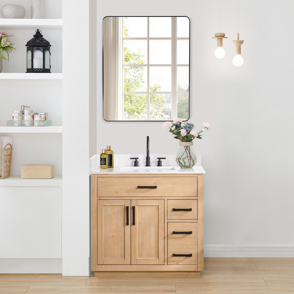 Gavino Vanity With Grain White Composite Stone Top, Light Brown/Matte Black, 36", With Mirror