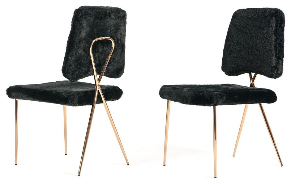 Set of 2 Glam Modern Black Faux Fur Dining Chairs