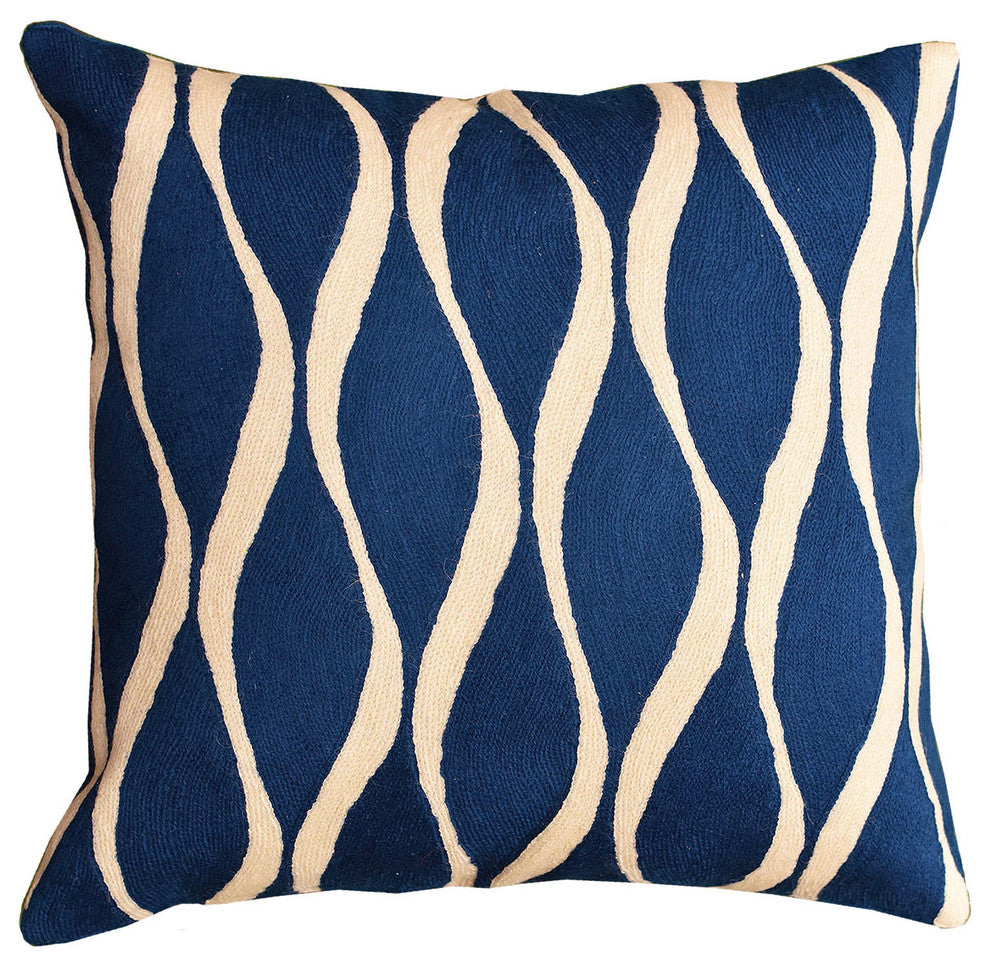 Contemporary Waves Midnight Blue Decorative Pillow Cover Handmade Wool 18x18"