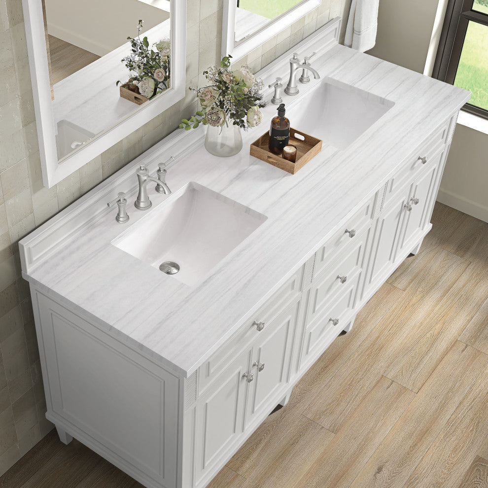 Lorelai 72" Double Vanity, Bright White, 3 CM Arctic Fall Solid Surface Top