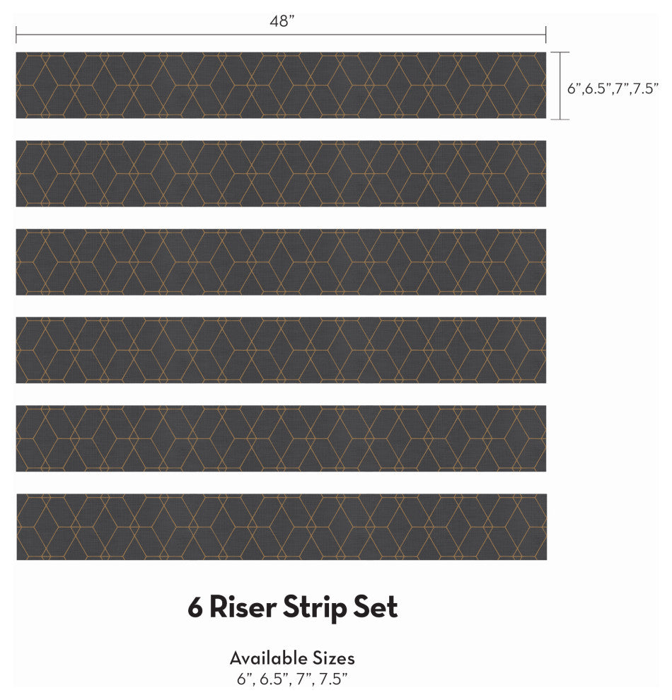 Hexagon Geometric Art Deco Lines Peel and Stick Stair Riser Strips, Ebony, 48"w X 6"h, 6 Pack