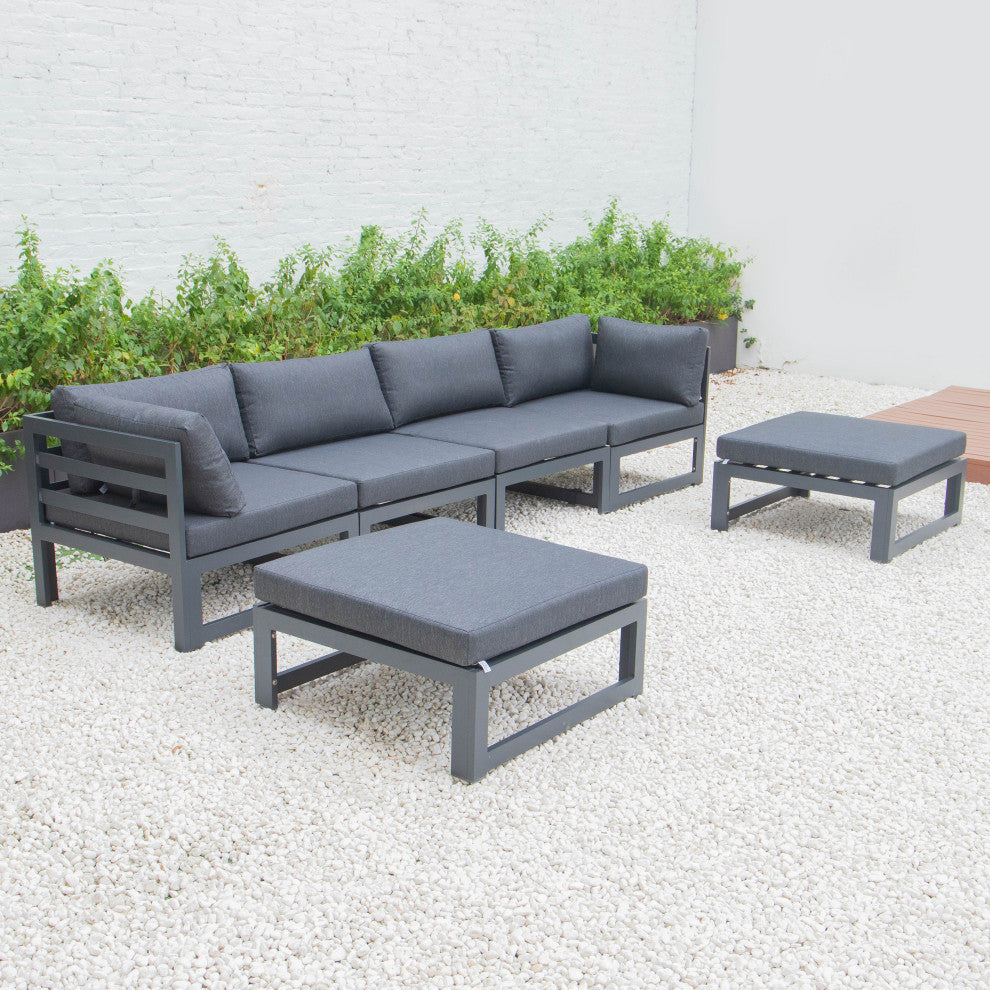 LeisureMod Chelsea 6-Piece Patio Ottoman Sectional Black Aluminum, Black