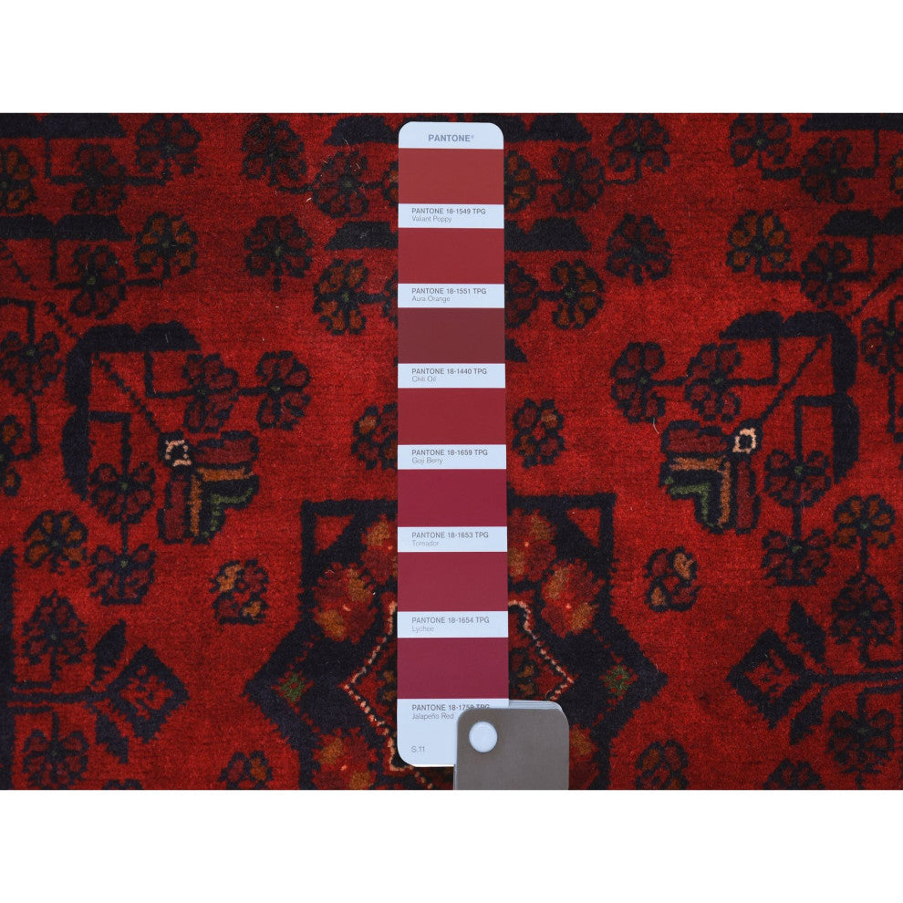Deep and Saturated Red, Pure Wool Hand Knotted, Afghan Khamyab Rug, 3'4"x4'8"