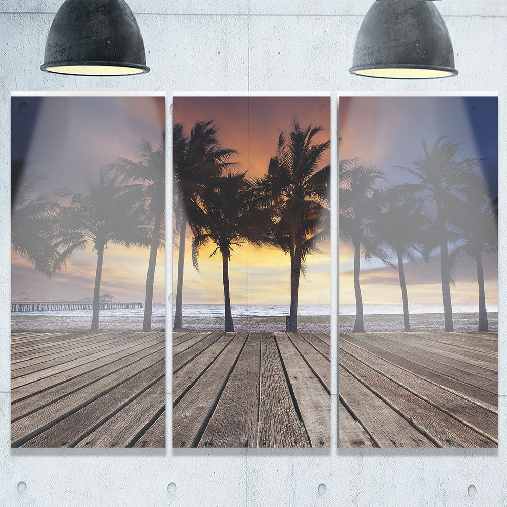 "Old Wood Terrace on Sea Beach" Metal Wall Art, 3 Panels, 36"x28"