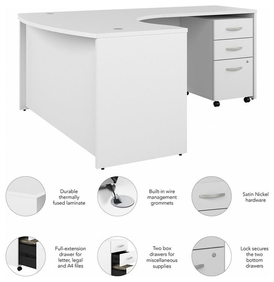 Studio C 60W Right Hand L-Bow Desk with Drawers in White - Engineered Wood