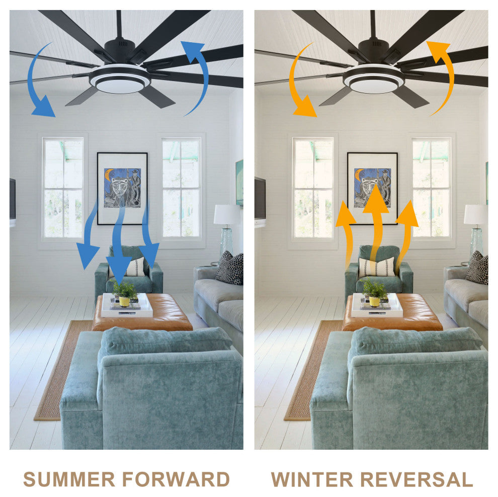 72" Modern Ceiling Fan with Reversible Blades, Dimmable Light and Remote, Black, 72"