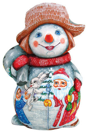 Snowman With Santa, Woodcarved Figurine