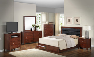 Burlington Cherry Upholstered Queen Panel Bed With Two Storage Drawers
