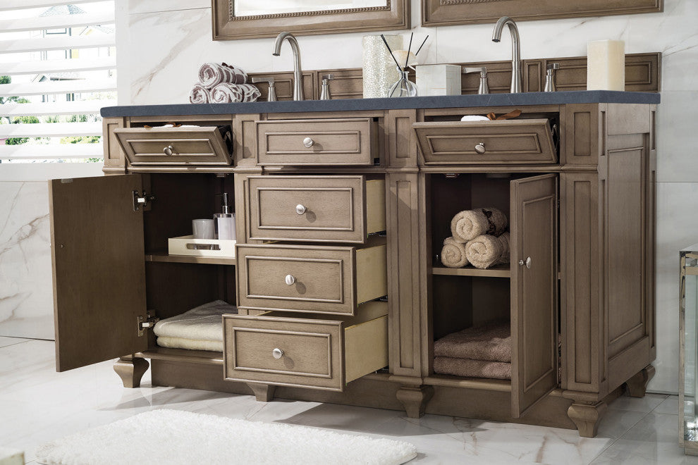 Bristol 60" Double Vanity Whitewashed Walnut, Charcoal Soapstone Quartz