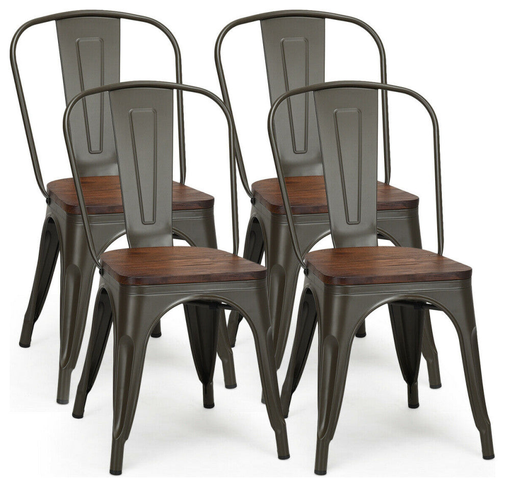 Costway Set of 4 Style Metal Dining Side Chair Wood Seat Stackable Bistro Cafe